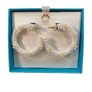 C&C California White Seed Bead 3/4 Hoops w/ 5 sweet daisy accents on each side